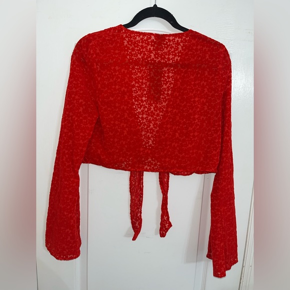 Wild Fable Tie Front Long Sleeve Crop Top Red Floral Velvet Design NWT — M - Picture 5 of 6
